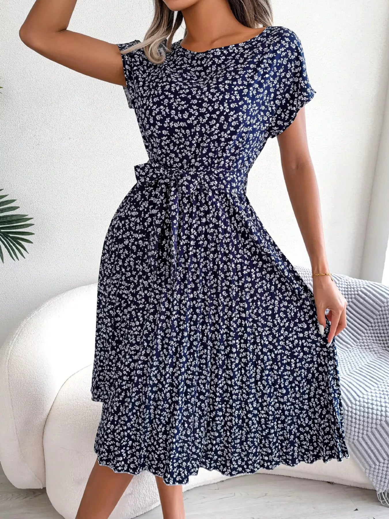 Women's Floral Pleated Midi Dress with Belt – Casual Spring Style