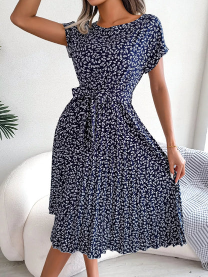 Women's Floral Pleated Midi Dress with Belt – Casual Spring Style