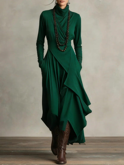 Women's Solid Color Cross-sleeve High-neck Dress