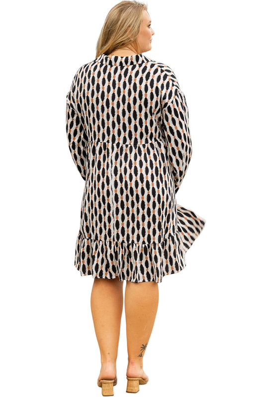 Apricot Geometric Print Collared V Neck Plus Size Mini Dress