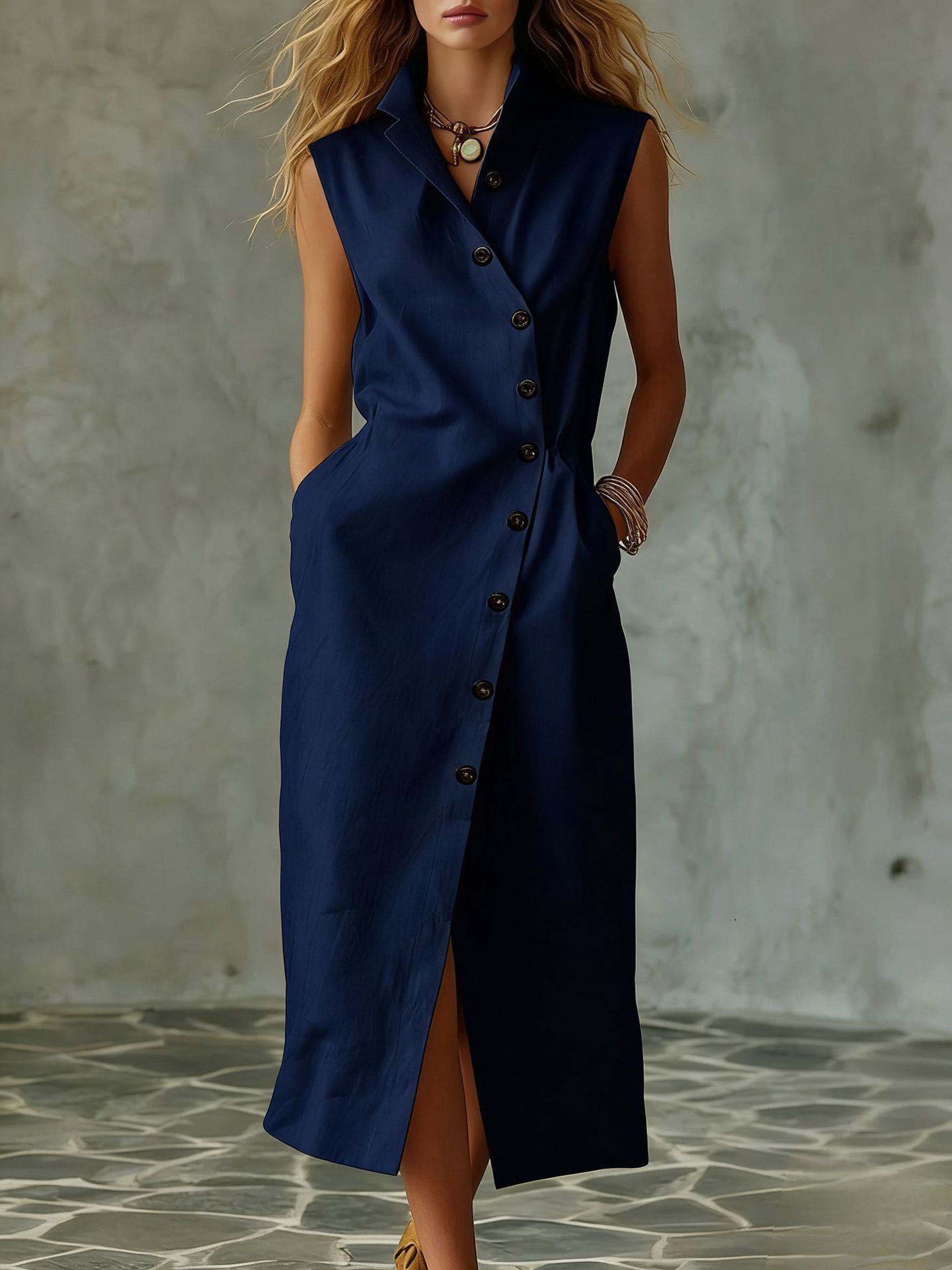 Women's Slim-Fit Sleeveless Stand Collar Pleated Midi Dress
