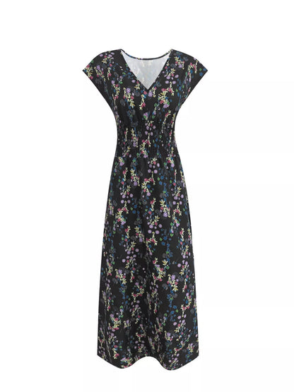 Plus Size Floral V-Neck Cap Sleeve Maxi Dress