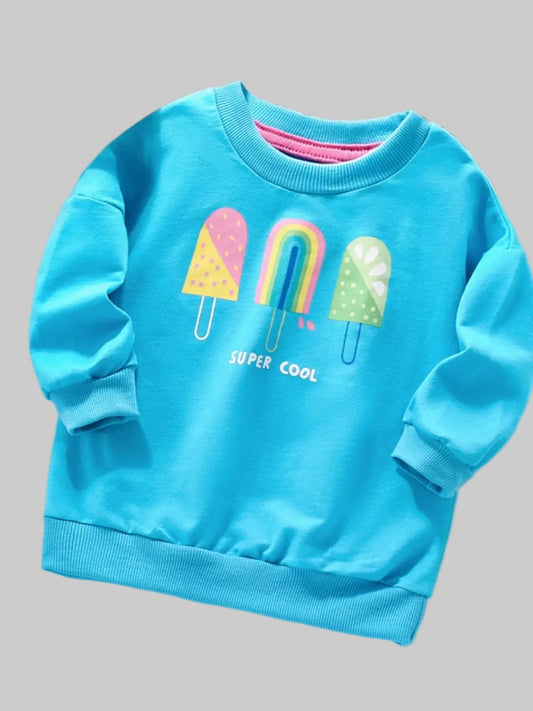 Girls and Toddler Girls Ice Cream Graphic Round Neck Sweatshirt