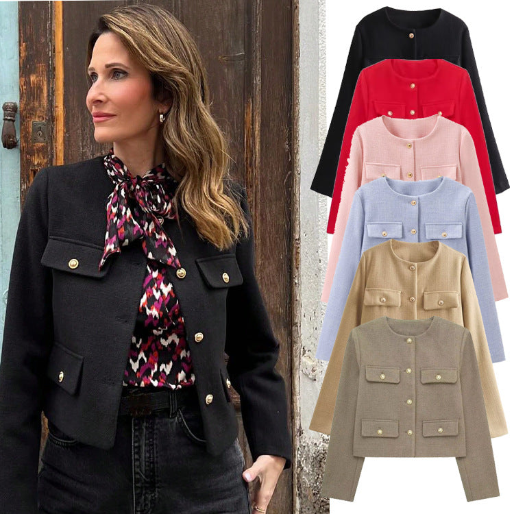 Pocket-decorated Crew-neck Cropped Chic Chanel-style Jacket Top