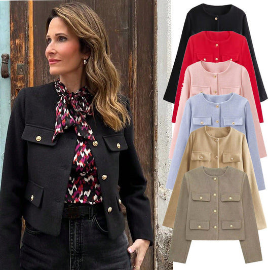 Pocket-decorated Crew-neck Cropped Chic Chanel-style Jacket Top