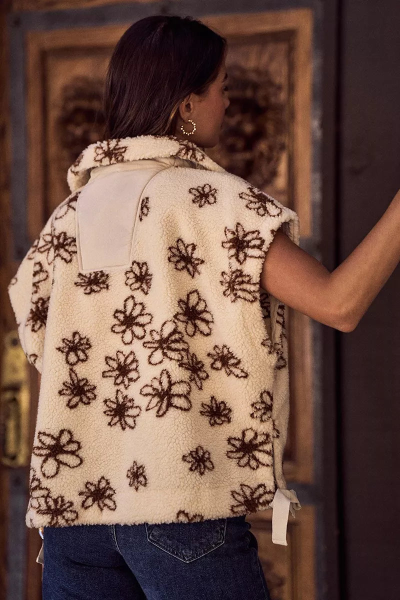 SO ME Flower Sherpa Fur Oversized Sleeveless Vest Jacket