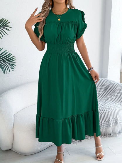 Smocked Frill Round Neck Midi Dress