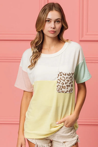BiBi Leopard Front Pocket Ft Color Block Crew Neck Top