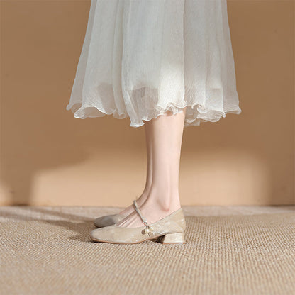 Women's Chinese-Style Square-Toe Mary Jane Flats – Microfiber Chunky-Heel Casual Shoes