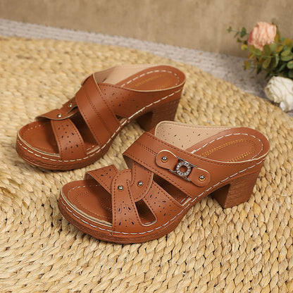 Women's High-Heel Slip-On Sandals – Round Toe Summer Slippers