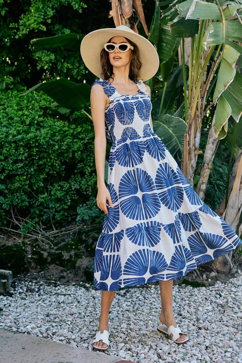 Abstract Print Smocked Bodice Tiered Lined Midi Dress