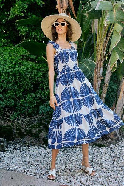 Abstract Print Smocked Bodice Tiered Lined Midi Dress