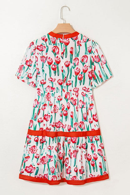 Floral Contrast Trim V-Neck Babydoll Dress