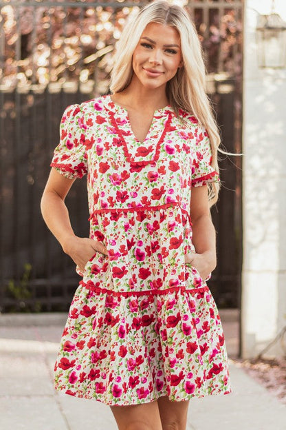 Ruby Floral Puff Sleeve Tiered Ric Rac Pocketed Mi