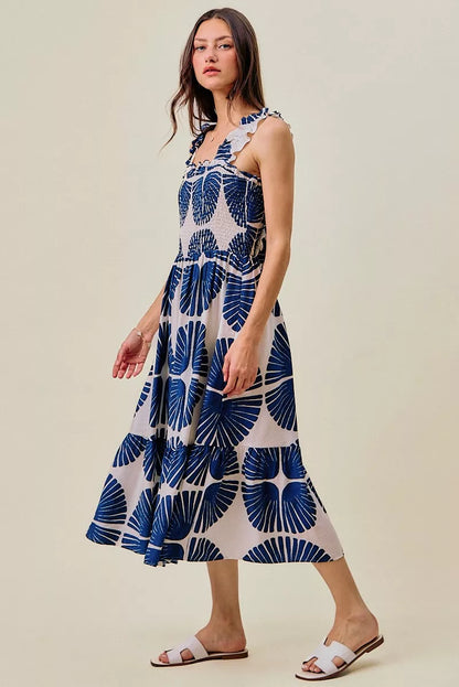 Abstract Print Smocked Bodice Tiered Lined Midi Dress