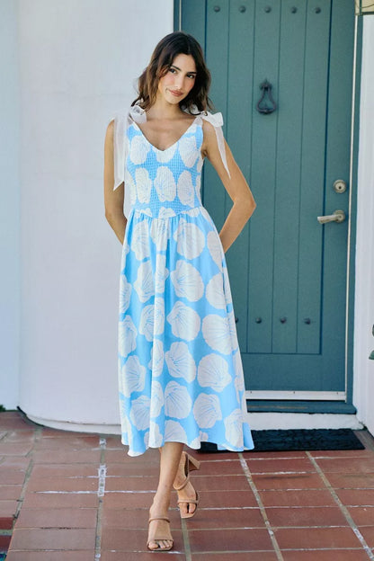SO ME Shell Smocked Bodice Shoulder Tie Lined Midi Dress