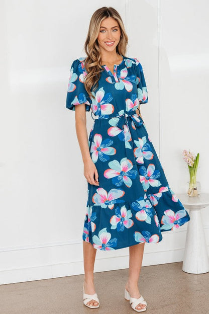 Floral Short Puff Sleeve Ruffle Belted Midi Dress