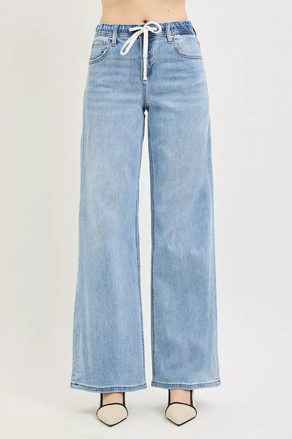 RISEN Elastic Band Slouchy Wide Jeans with Drawstring