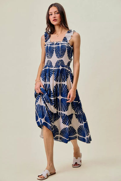 Abstract Print Smocked Bodice Tiered Lined Midi Dress
