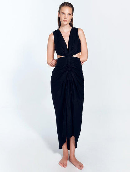 Adelice Black V-Neck Maxi Dress with Front Slit