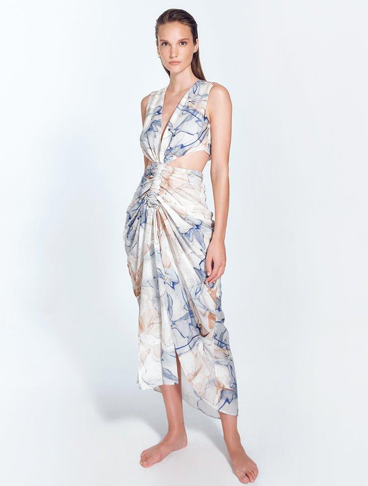 Adelice Blue Abstract V-Neck Maxi Dress with Front Slit