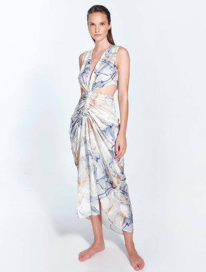 Adelice Blue Abstract V-Neck Maxi Dress with Front Slit