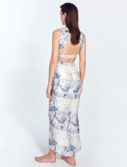Adelice Blue Abstract V-Neck Maxi Dress with Front Slit