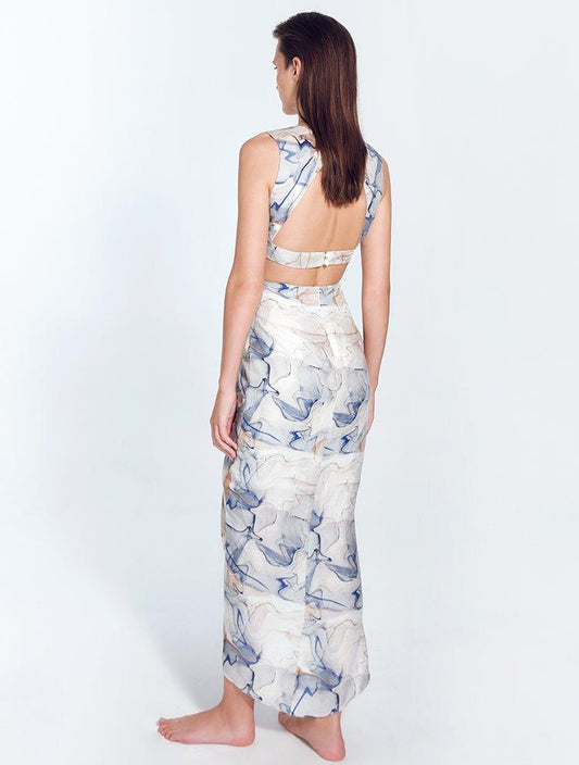 Adelice Blue Abstract V-Neck Maxi Dress with Front Slit