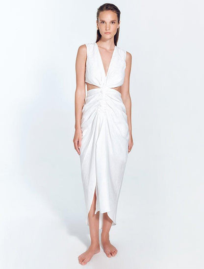 Adelice White V-Neck Maxi Dress with Front Slit