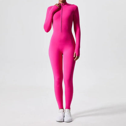 Da Beach Wear Women’s Compression Zip-Up Workout Jumpsuit - Long Sleeve Yoga Bodysuit