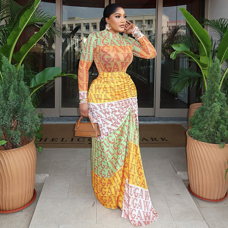 Waist-cinching High-neck Long-sleeve Spliced Slightly Sheer Dress