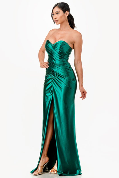 Tucked and ruched sweetheart satin dress with fitted slit skirt