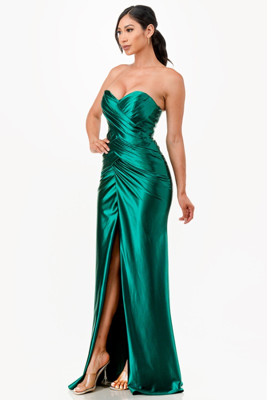 Tucked and ruched sweetheart satin dress with fitted slit skirt