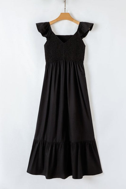 Solid V-Neck Flutter Sleeve Ruffle Maxi Dress
