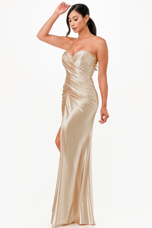 Tucked and ruched sweetheart satin dress with fitted slit skirt