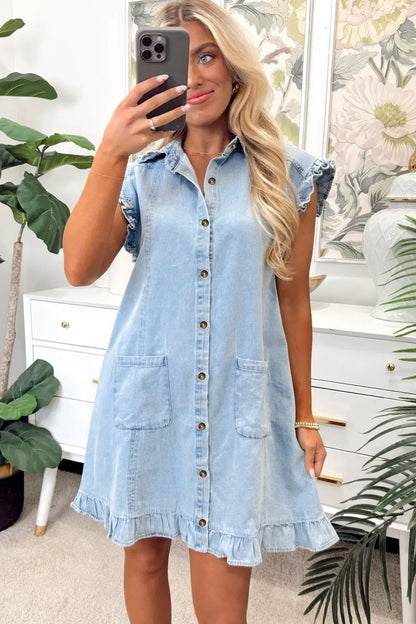 Denim Ruffle Edge Collared Dress w/ Pockets