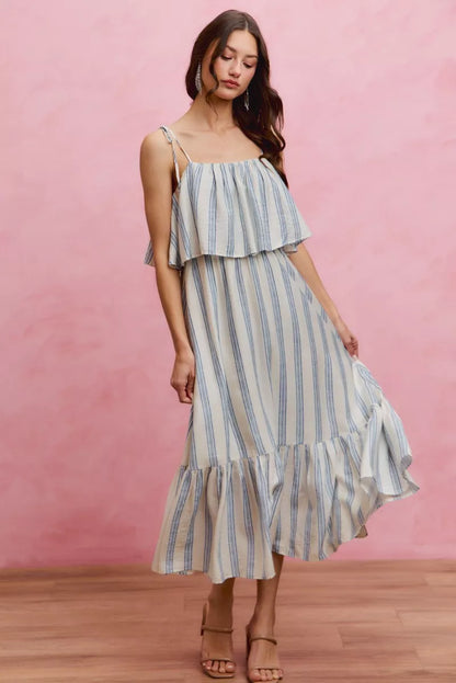 Stripe Tiered Shoulder Tie Midi Lined Dress