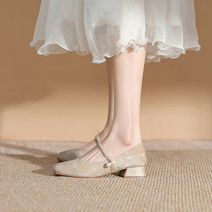 Women's Chinese-Style Square-Toe Mary Jane Flats – Microfiber Chunky-Heel Casual Shoes