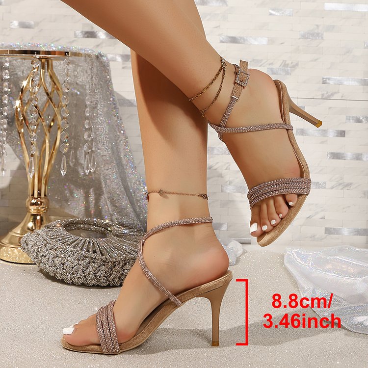 Women's Rhinestone Stiletto Sandals – Open-Toe One-Strap Party Heels in Silver