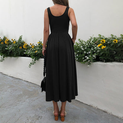 European And American New Graceful And Fashionable Sling Square Collar Pleated Dress Women