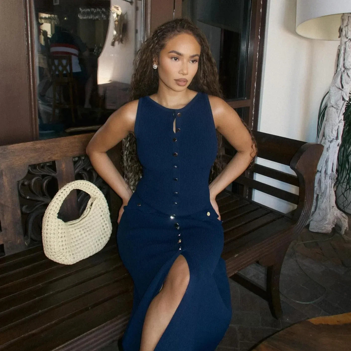 Albion Sleeveless Buttoned Dark Blue Maxi Dress