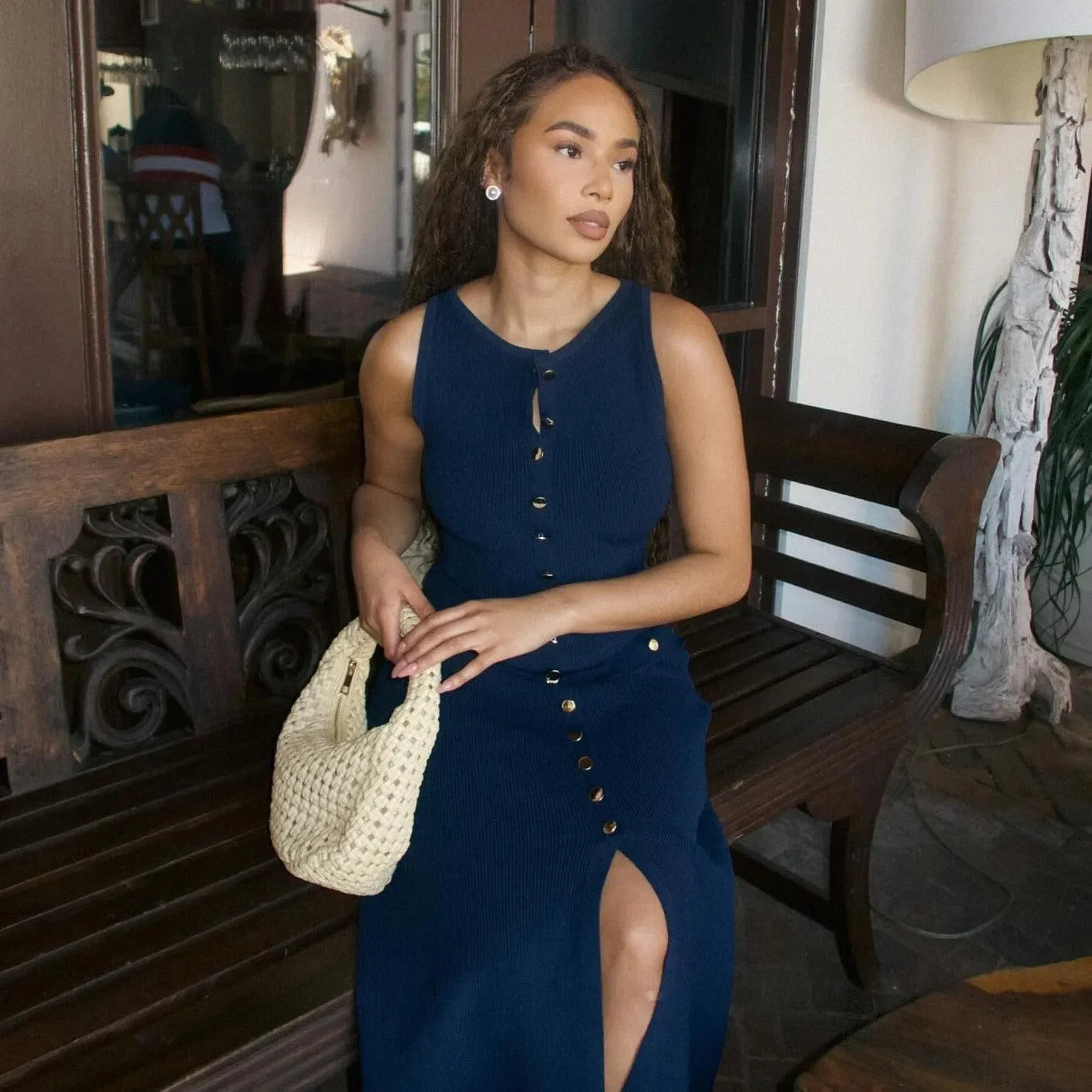 Albion Sleeveless Buttoned Dark Blue Maxi Dress