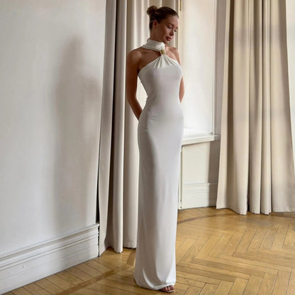 Alessandra Gold Ring Halter Neck White Maxi Dress
