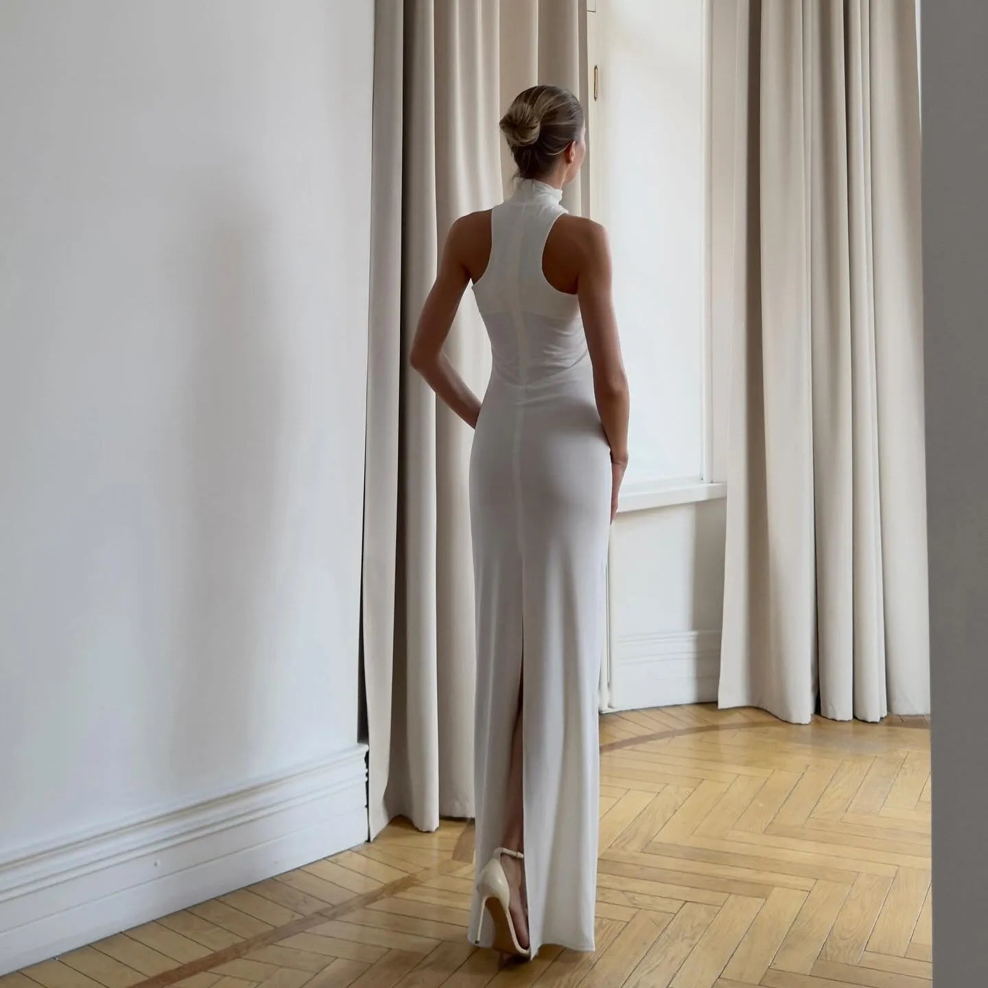 Alessandra Gold Ring Halter Neck White Maxi Dress