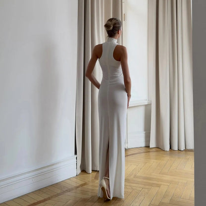 Alessandra Gold Ring Halter Neck White Maxi Dress