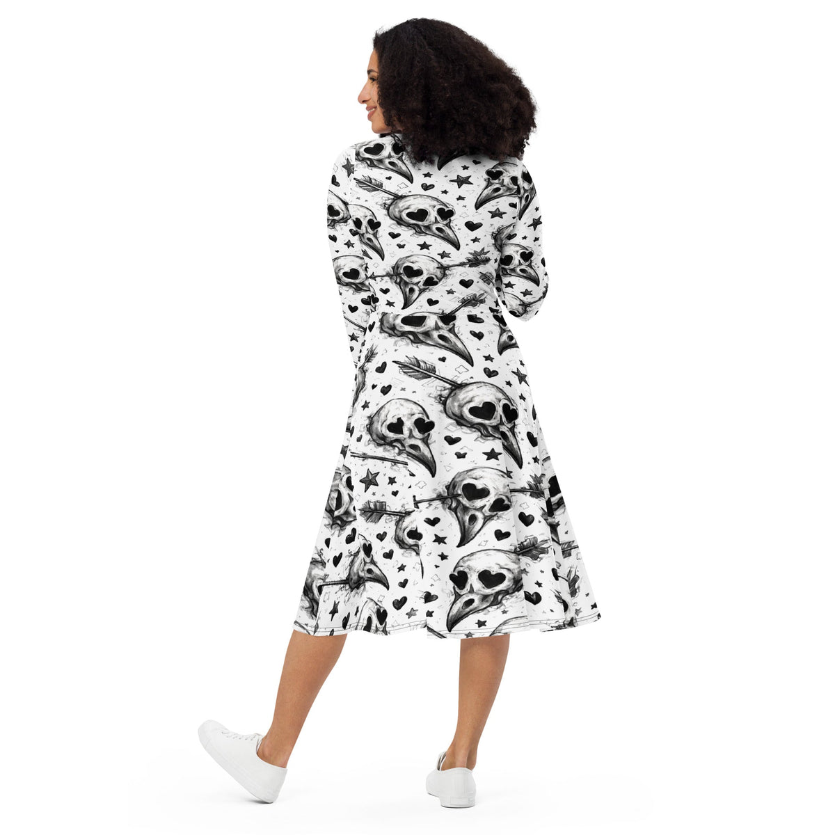 Lovey Eyes Bird Long Sleeve Midi Dress