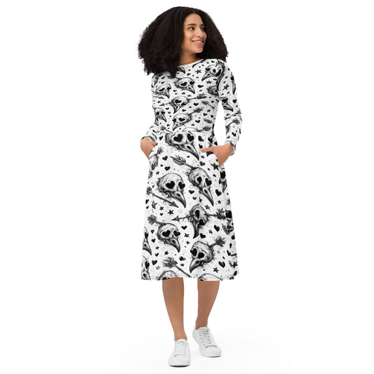 Lovey Eyes Bird Long Sleeve Midi Dress