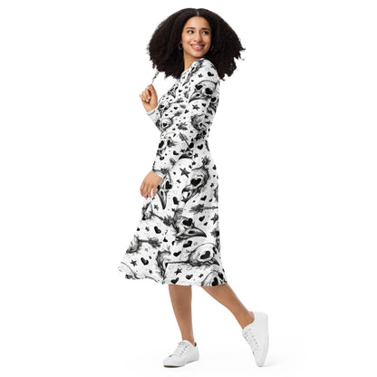 Lovey Eyes Bird Long Sleeve Midi Dress