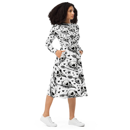 Lovey Eyes Bird Long Sleeve Midi Dress