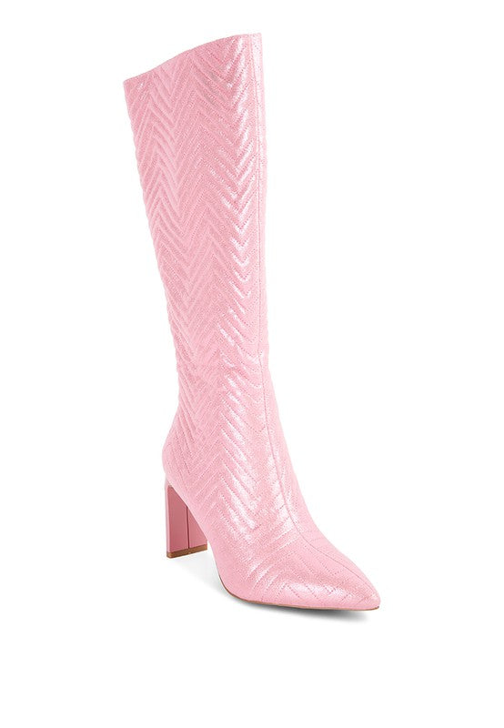 Pink Size 7 Quilted High Italian Block Heeled Boots
